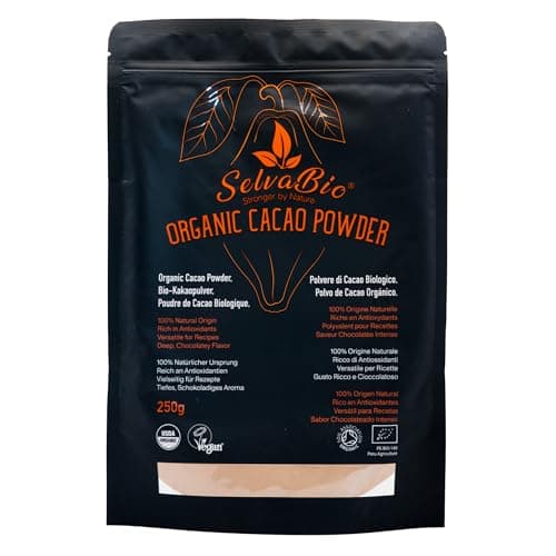 Image of SelvaBio Organic Cacao Powder, Raw & Non-Alkalised, Single Origin Peru, Unsweetened, Low Cadmium, Vegan, Gluten Free, for Smoothies, Baking & Hot Chocolate, 250 g