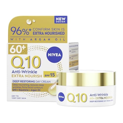 Image of NIVEA Q10 Anti-Wrinkle 60+ Extra Nourishing Day Cream SPF15 (50ml), Deeply Restoring Anti Wrinkle Face Cream for Intense Hydration, Reduces Wrinkles and Firms Skin, Dry Skin Face Moisturiser