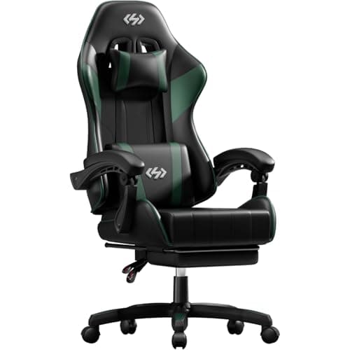 Image of Precision Synergie Gaming Chair for Adults, Ergonomic Video Game Chairs with Footrest, Reclining Computer Chair with Lumbar Support and Headrest, PC Chairs for Office or Gaming, Green Black