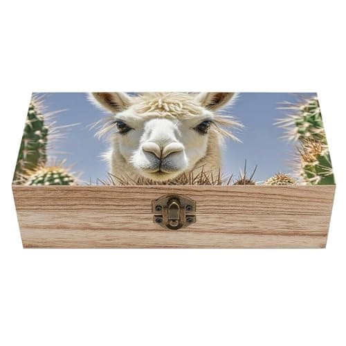 Image of RLDOBOFE Mexican Llama Cactus Wooden Keepsake Box with Lids Wood Storage Box with A Hinged Lid Decorative Boxes Table Large Rectangular Organizer Container for Jewelry Photos Craft