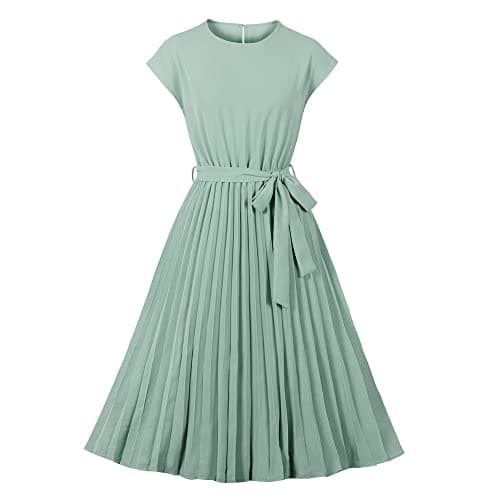 Image of Wellwits Women's Cap Sleeves Pleated 40s 50s Vintage Dress Solid Light Green M