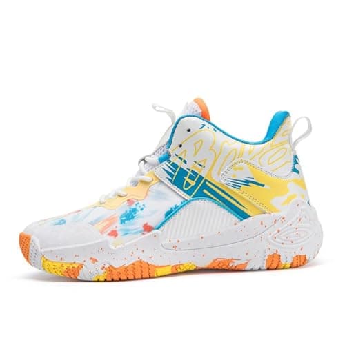 Image of Basketball Shoes Men high top Trainers Men Sneakers for Women Comfortable Breathable Fashion Running Fashion Training Shoes Non-Slip Walking Upper (White-Orange-Yellow,8)