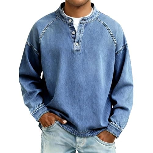 Image of Henley Shirts for Men Button Down Tshirts Loose Fit Long Sleeve Tshirts Retro Washed Snap T-Shirts Comfortable Crew Neck T-Shirts Wrinkle Free Casual T Shirt Breathable Sports Tee Tops Sky Blue