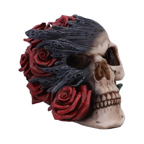 Image of Nemesis Now Soul Rose Skull Figurine, Hand-Painted Resin, Gothic Decor with Black Smoke and Red Roses, Symbol of Life and Death