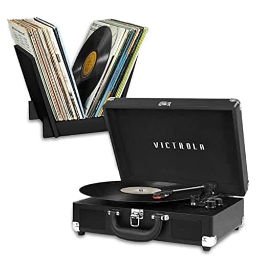 Image of Victrola Journey + Bluetooth Suitcase Record Player with Matching Record Stand & Built-In Speakers – 3 Speed Vinyl Record Player, RCA Out, Headphone Jack, Vinyl Stream, Black