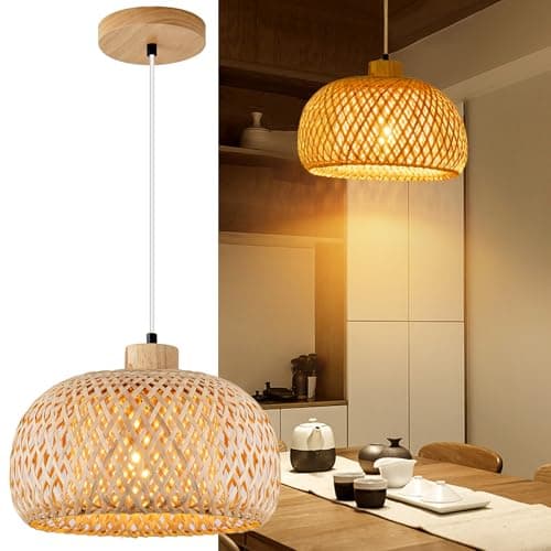 Image of Mikeru Vintage Bamboo Pendant Light, 30cm Hand Woven Pendant Light, LED Farmhouse Bohemian Chandelier, Natural Rattan Fixture for Tea Room, Living Room, Kitchen Island