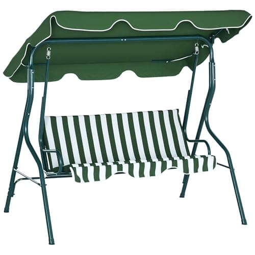 Image of Outsunny 3 Seater Canopy Swing Chair Outdoor Garden Bench with Adjustable Canopy and Metal Frame - Green Stripes