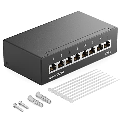 Image of deleyCON CAT 6 Patch Panel Distribution Panel 8 Port 1 U Desktop & Wall Mounting Shielded 8x RJ45 Socket LAN Network Installation Cable TIA568A TIA568B RAL 9005 Black