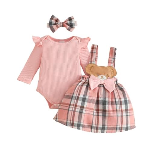 Image of QUNERY Newborn Baby Girl Outfits Long Sleeve Top Plaid Suspender Skirt Cute Bear Dress Headband Baby Clothes pink bear 3-6 months