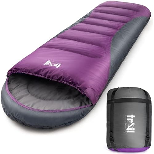 Image of Trail Alpine 400 Hooded Sleeping Bag, 3 to 4 Season Extra Warm Double Quilted 400gsm Hollowfibre Filling, Snug Drawcord Hood, Full Length 2 Way Zipper, Single Adult, Lightweight with Bag (Purple)