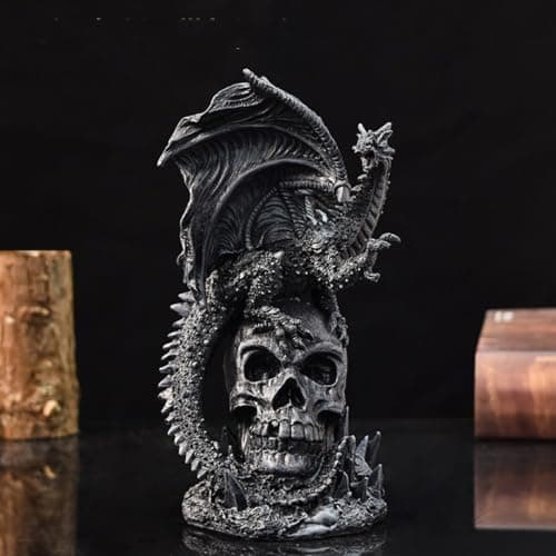Image of BigTree Skull Figurine Resin Black - Black Dragon Skeleton Sculpture Statue - Halloween Decoration Gothic Ornament - Home Office Desktop Decor 20cm - Birthday Mysterious Creative Gifts