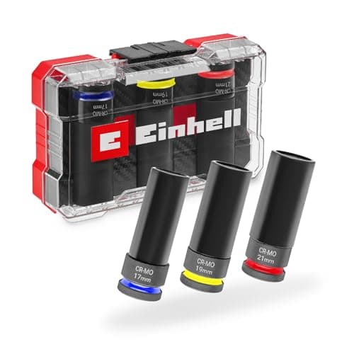 Image of Original Einhell 3-Piece Impact Socket Kit for Cars (Wheel Guard, CrMo Alloy, 17/19/21 mm, 80 mm Reach, Size Marking, 1/2" Drive)