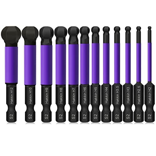 Image of Allen Key Bit Set Hakkin 12Pcs Ball End Allen Hex Key Set S2 Steel 1/4” Hex Shank Magnetic Allen Wrench Screwdriver Bits 65mm Phosphating Treatment Purple H2-H12 for Assembling Furniture