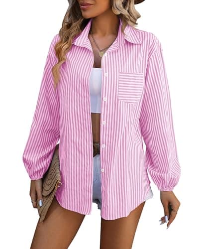 Image of MINTLIMIT Women's Striped Button Down Shirts Long Sleeve Casual Blouses Shirt with Pocket 2024, Pink