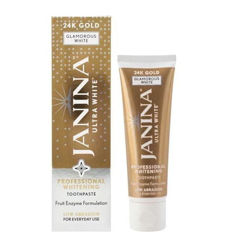 Image of Janina Ultra White 75ml 24K Gold Toothpaste, Mint, Low Abrasive Formula with Anti-Inflammatory Colloidal Gold & Whitening Complex for Teeth Whitening, for Everyday Use, Vegan & Cruelty Free