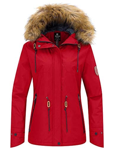 Image of Wantdo Women's Waterproof Ski Jacket Hooded Winter Snow Coat Mountain Snowboarding Jackets Insulated Fleece Parka Red L