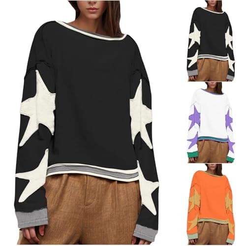 Image of Keepink Oversized Sweatshirts for Women UK Long Sleeve Tunic Tops Trendy Star Pattern Pullover Shirts Casual Crew Neck Jumper Y2K Top T-Shirts Workout Tees Autumn Winter Sweaters