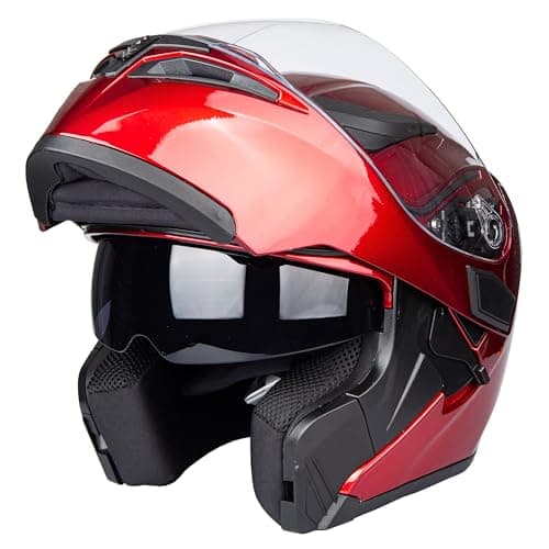 Image of Flip-Up Motorcycle Helmet Dual Visor Sun Shield Flip up Modular Motocross DOT Approved Helmets (Medium, Red)