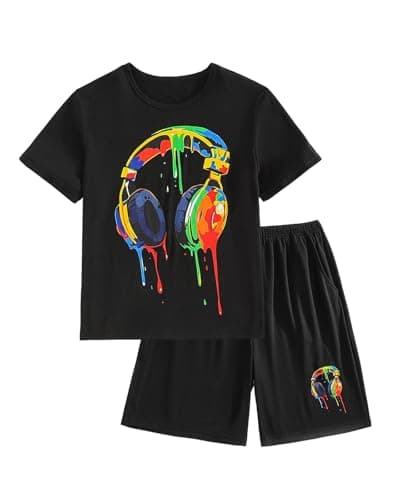 Image of Momkonzz Kids Boys Summer Clothes for Teen Shorts And Graphic T Shirts Short Sleeve Sets With Pockets Size 7-13T (Black, 10-11T)
