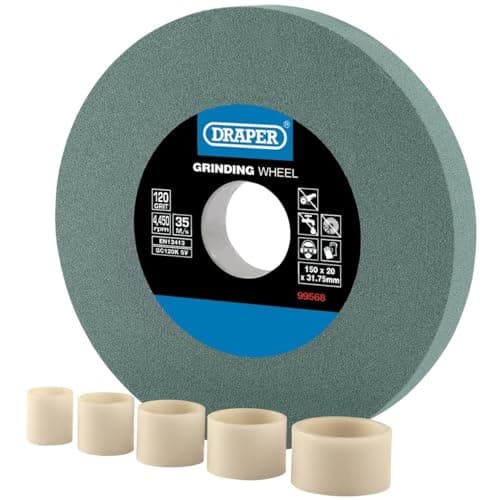 Image of Draper 150mm x 20mm Bench Grinding Wheel | 120 Grit TCT Tool Sharpener | 5 Reduction Rings | Dry Cutting | 31.75mm Bore | 99568
