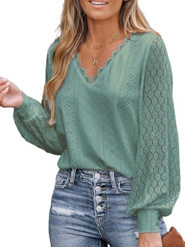 Image of CUPSHE Women Blouse Cutout Scalloped Lace Top Long Lace Sleeves V Neck Banded Cuffs Chic Elegance Shirt, Sage Green, L
