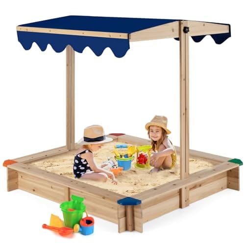 Image of COSTWAY Kids Sandbox, 120 x 120cm Wooden Square Sandpit with Height & Angle Adjustable Canopy, Built-in Seat, Outdoor Sand Box for Backyard Garden Beach