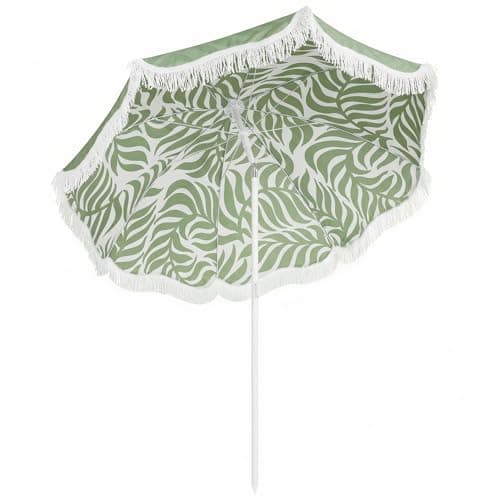 Image of Outsunny 1.8 m Beach Umbrella Parasol with Sand Anchor, Portable 30° Tilting Fringed Garden Parasol Patio Sun Shade with Adjustable Height, Carry Bag, UV Protection, Leaf Print, Green