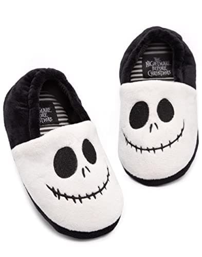 Image of Disney The Nightmare Before Christmas Slippers for Girls & Boys | Kids Black & White Jack Skellington House Shoes | Slip On with Grip Sole Gifts