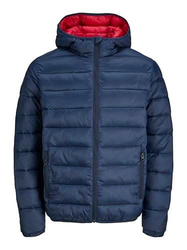 Image of JACK & JONES Men's Puffer Jacket With Full Zip Long Sleeve Hooded Jacket for Men,Navy Colour, UK Size- XXL