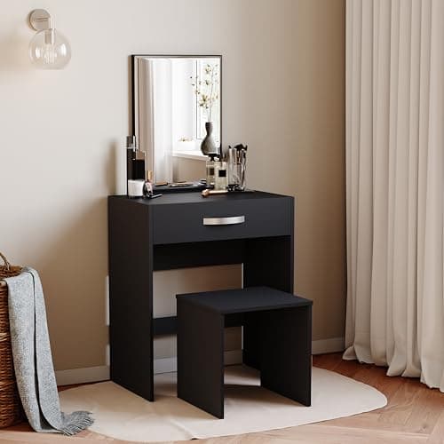 Image of Vida Designs Dressing Table Isla 1 Drawer Mirror & Stool Bedroom Set Makeup Vanity Cosmetics Storage Desk Dresser Furniture Black