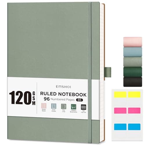 Image of EMSHOI B5 Notebook Lined - 120 GSM Lined Paper, 96 Numbered Pages Softcover College Ruled Composition Notebooks with Free Sticky Notes for Women Men Office School,19 X 25 cm - Light Green