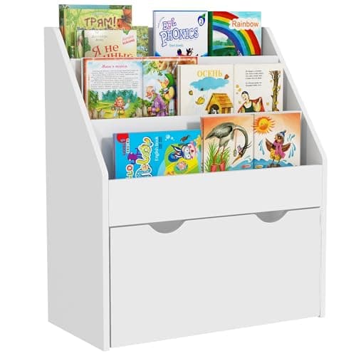 Image of AIYAPLAY Kids Bookshelf, Bookcase Toy Storage Organiser with 3 Tier Shelves, Drawer, for Bedroom, Nursery, Playroom, Classroom, White