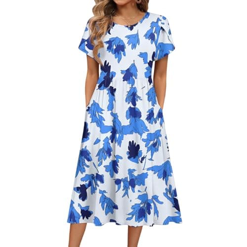 Image of Women Sun Dress Plus Size Summer Dresses Office Dresses Chic Crew Neck Floral Print Petal Short Sleeve Tied Midi Dress with Pockets Casual Sundress for Female (Sky Blue, XXL)