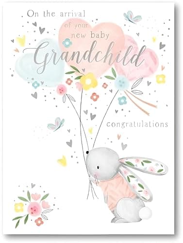 Image of Noel Tatt New Grandchild New Baby Birth Congratulations Card - Bunny and Balloons Design - Eco-Friendly and Recyclable