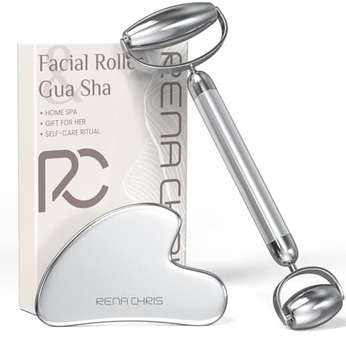 Image of Rena Chris Gua Sha, Anti-Breakage Stainless Steel Face Roller and Gua Sha Set for Long-Lasting Use, Jawline Sculpting and Puffiness Reducing, Ideal for Gift and Self Care (Silver)