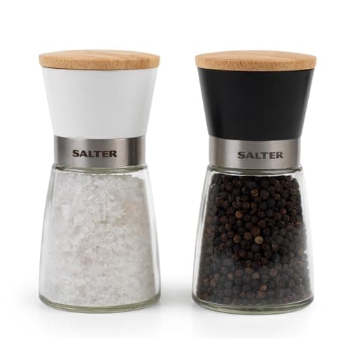 Image of Salter Pre-Filled Salt & Pepper Mills - Spice Mill Set with Ceramic Mechanism, No-Spill Design, Twist to Grind Universal Mechanism, Glass Mill Body, Easy Refill, Monochrome Design, BW12956FEU7