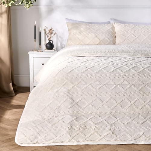 Image of OHS 10.5 Tog Double Duvet, Soft Warm Teddy Fleece Cable Knit Design Autumn Winter Coverless Duvets Comfy Cosy Washable Quilted Coverless Double Duvet with Pillowcases, Cream