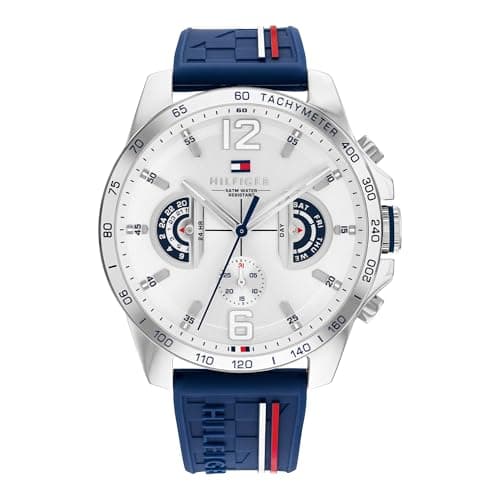 Image of Tommy Hilfiger Analogue Multifunction Quartz Watch for Men with Silicone, Stainless Steel or Leather Bracelet, Day & Date Sub-Dials, 5ATM Water Resistant