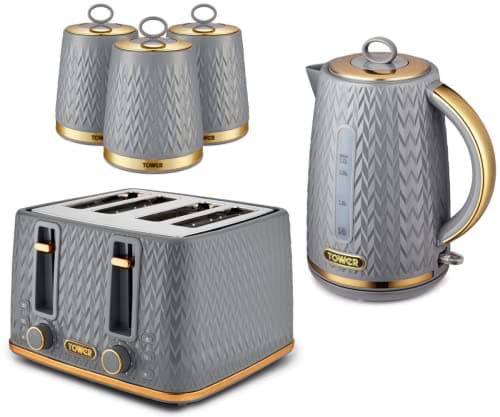 Image of TOWER Empire Grey Kitchen Set Including Jug Kettle, 4 Slice Toaster and Set of 3 Tea, Coffee & Sugar Canisters. Matching Art Deco Design Kitchen Set of 5 Items in Grey with Brass Accents