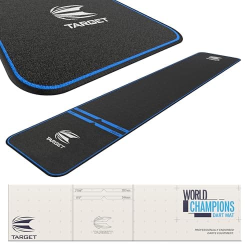 Image of Target Darts World Champion Darts Mat Black and Blue | Dart Oche Mat with Soft Tip and Steel Tip Throw Line Distances | Non Slip Carpet Mats for Floor and Dart Tips Protection | Darts Accessories