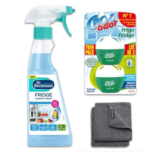Image of Fridge Deodoriser, Freshener and Cleaning Kit, 1 x Dr Beckman Fridge Cleaner 250ml, 2 x 33g Croc Odor Deodoriser with 2 x Microfibre Cloths, Food Safe Formular, Neutralises Bad Odours