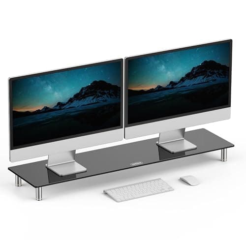 Image of VonHaus Black Glass Monitor Stand for Desks, Height Adjustable Dual Screen Riser, 100x26cm Tempered Glass Monitor Stand w/Aluminium Legs, 20Kg Capacity