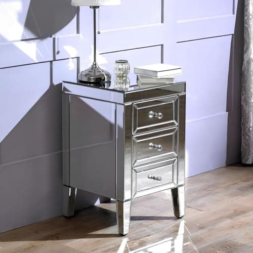 Image of IE INTERIOR EMPORIUM Valencia Mirrored Chest of Drawers – 3 Drawer Bedside Table with Crushed Diamond or Plain Finish – Elegant Chest of Drawers for Bedroom Storage (Plain Mirror)