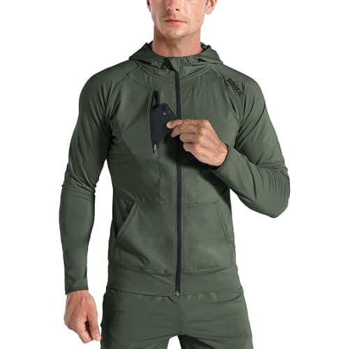 Image of BROKIG Mens Zip Hoodies, Lightweight Running Gym Jacket Training Tracksuit Sports Tops with Pockets (Army Green, X-Large)