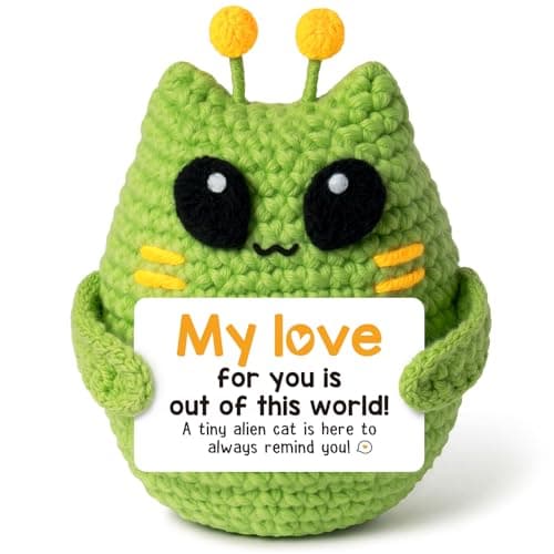 Image of GoMelley Birthday Gifts for Him Her Boyfriend Girlfriend, Handmade Alien Cat Crochet, for Husband, Wife, Couples, Long Distance Relationship Gift, I Love You Decor