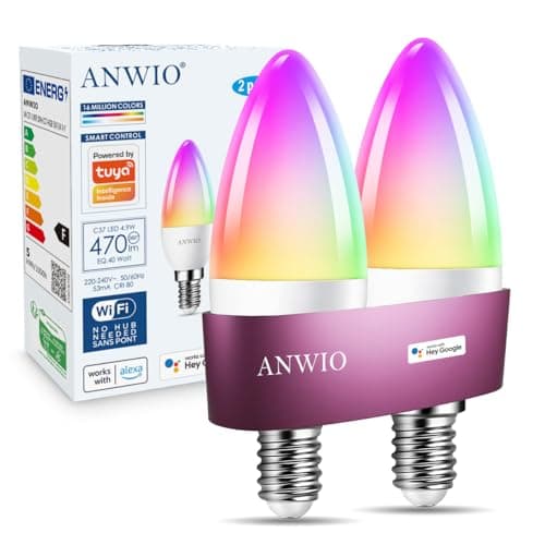 Image of ANWIO Alexa Smart 5W E14 Candle LED Bulb,Dimmed C37 Tuya WiFi Bulb Smart Life,470Lm,Replace 40 Watt,Alexa Echo Light Bulb,Colour Changing RGB Bulb E14,Google Assistant Bulbs (2 Pack)