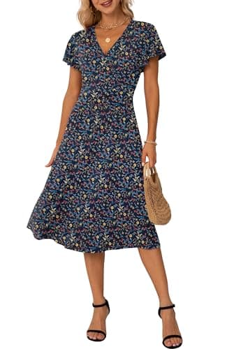 Image of GRECERELLE Womens Summer Wrap Dress Ladies Casual Ruffle Short Sleeve V-Neck Floral Beach Dresses for Women (Dark Blue Mimosa, M)