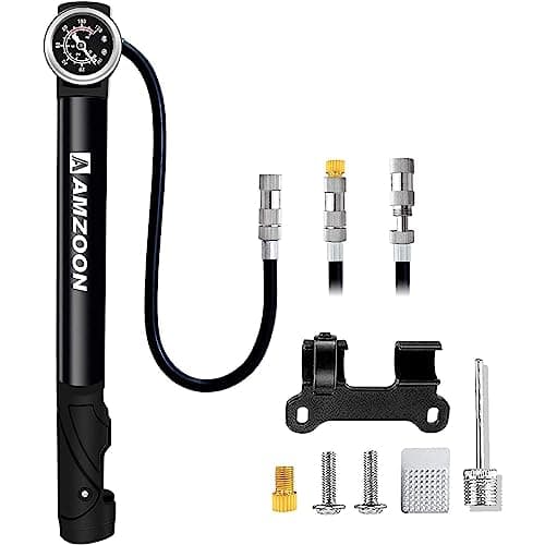 Image of AMZOON Bike Pump with Pressure Gauge Extended Hose Mini Bicycle Pump Suitable for Schrader and Presta Valve with Needle Inflating