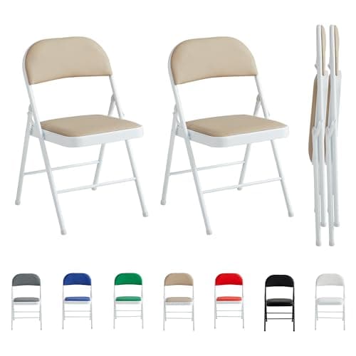 Image of mcc direct Set of 2 Folding Chairs, Faux Leather Foldable Chairs with Metal Frame and Padded Seat, Easy to Fold and Store for Home, Office, Dining and Reception (Beige)