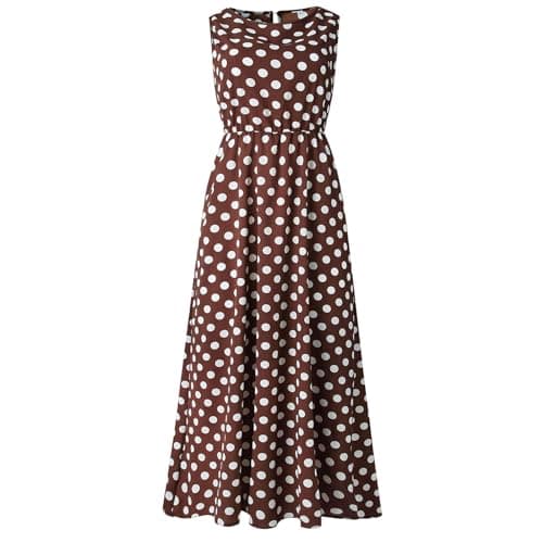 Image of Summer Dress Women Dress Skirt Maxi Dress for Women O Neck Polka Dot Sleeveless A-line Pleated Loose Ruched Flowy Casual Tank Dress, coffee, L